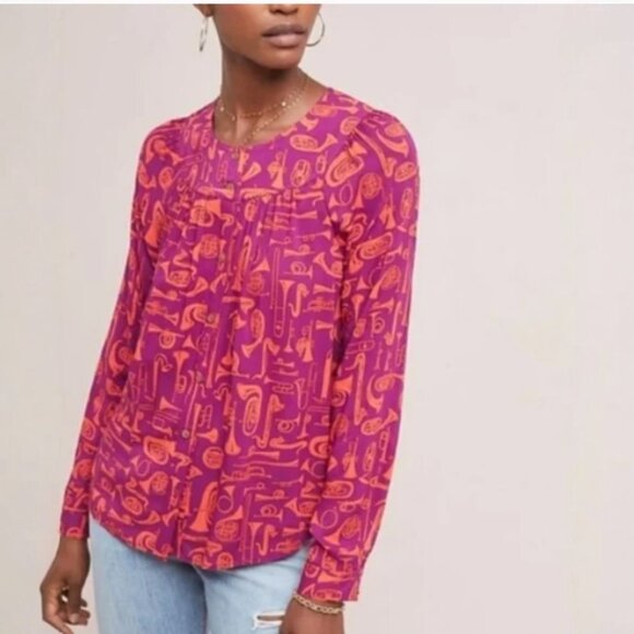 Anthropologie 52 Conversations Colloquial Yoked Button Down Toot Your Horn Sz 10 - Picture 2 of 15